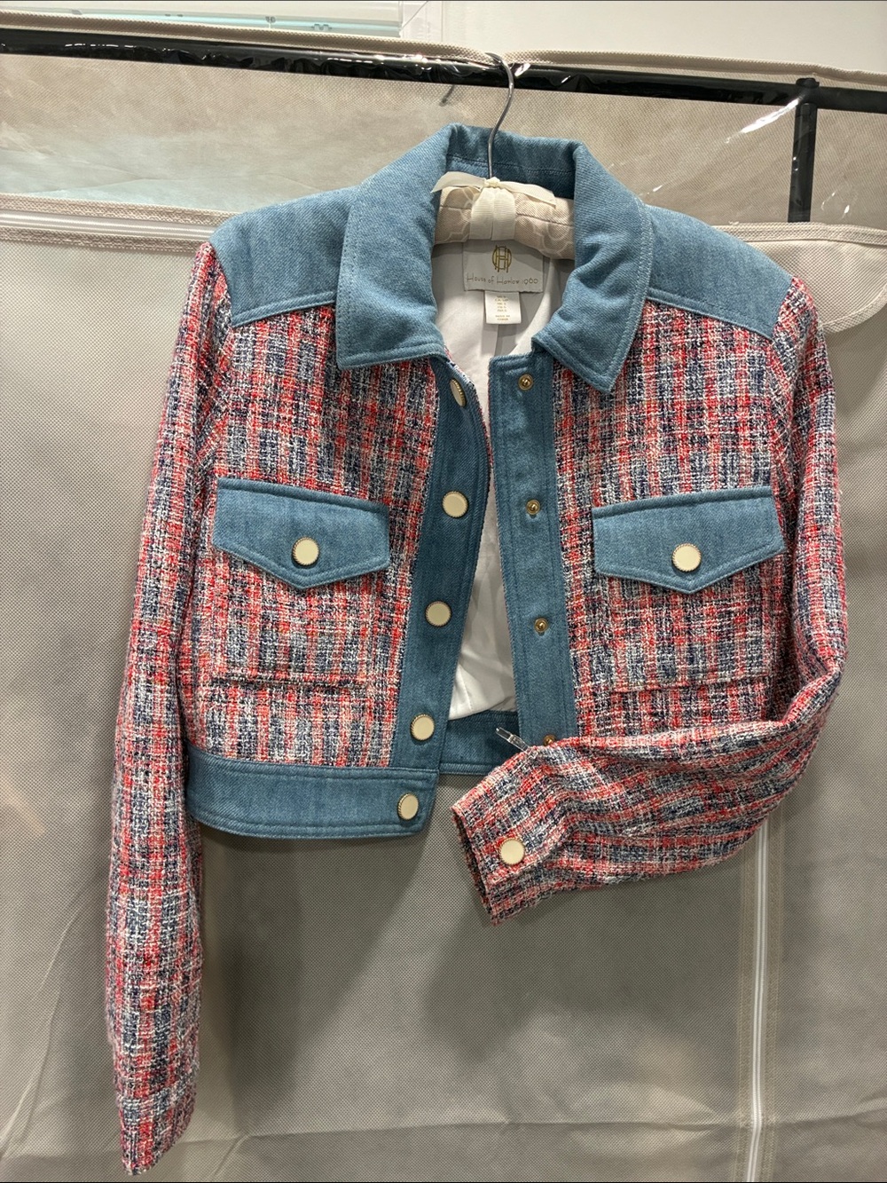 House of Harlow 1960 Red & Blue Tweed Cropped Jacket